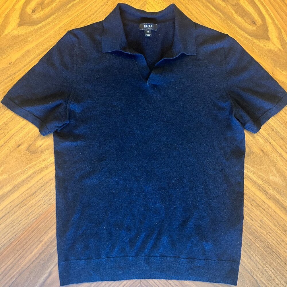Mens Reiss Navy Merino Wool Johnny Collar Size S
